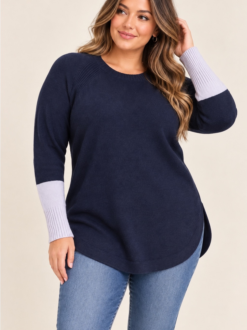 Anthropologie Navy Crewneck Sweater with Lavender Sleeve Accents